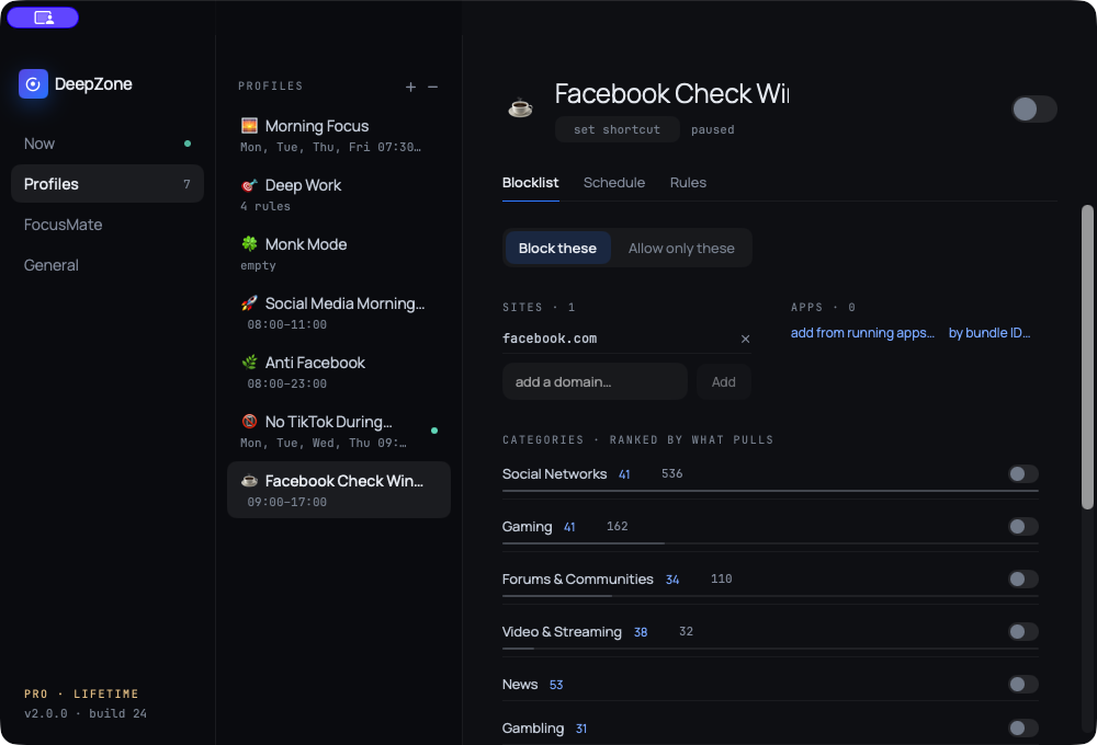 DeepZone profile named Facebook Check Windows with facebook.com as its only website rule