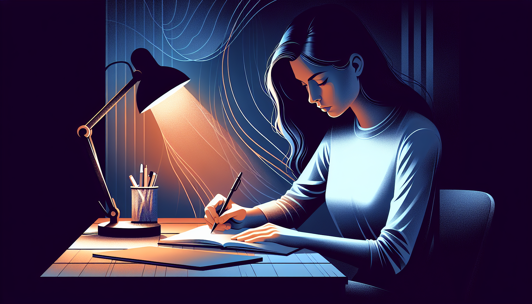 Person working deeply at a minimalist desk with focused lighting