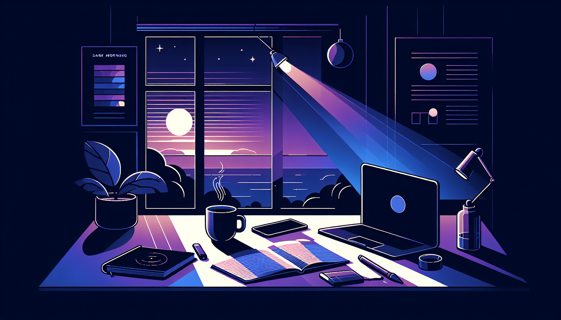 Morning routine workspace with dawn light