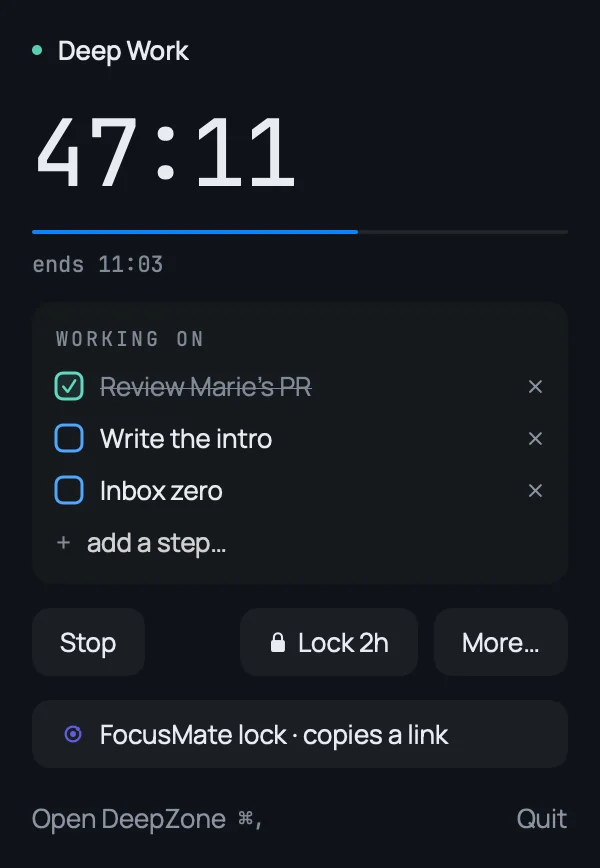 The DeepZone menu bar popover during a session: the timer, a progress bar, the working-on checklist and the way out